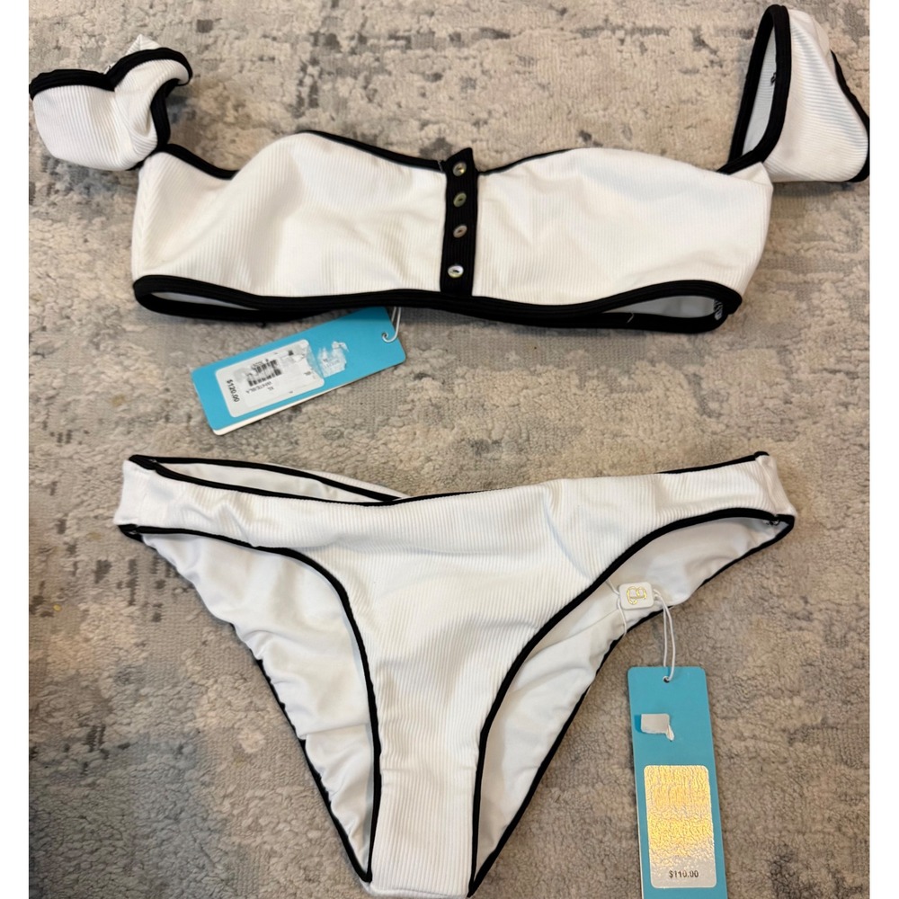 Beach Bunny Presley Ribbed Bikini Set White Black Off Shoulder XL B18111B2
